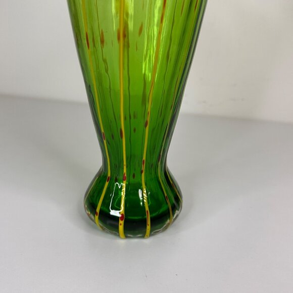 Eastern Hand-Blown Green Glass Vase With Yellow & Red Swirl Design 10.5" - Picture 5 of 12
